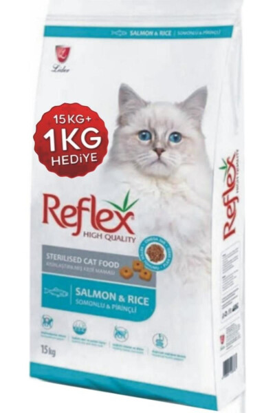 Sterillangan mushuklar uchun losos va guruchli quruq oziq-ovqat 15 kg . 1 kg - REFLEX