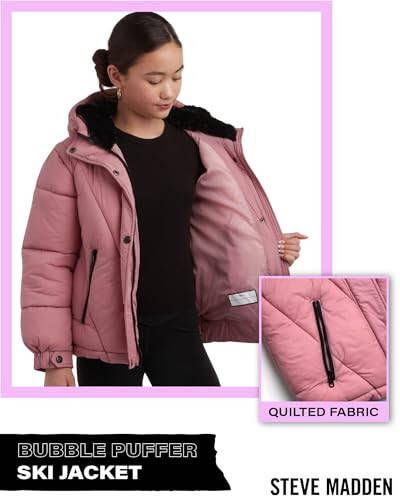 Steve Madden Girls' Winter Coat - Heavyweight Quilted Bubble Puffer Parka Ski Jacket with Faux Fur Lined Hood (Size: 4-16) - 4