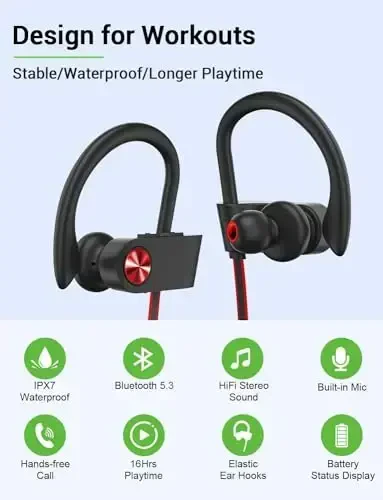 Stiive Bluetooth Headphones, 5.3 Wireless Sports Earbuds IPX7 Waterproof with Mic, Stereo Sweatproof in-Ear Earphones, Noise Cancelling Headsets for Gym Running Workout, 16 Hours Playtime - BlackRed - 2