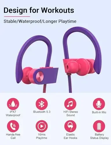 Stiive Bluetooth Headphones, 5.3 Wireless Sports Earbuds IPX7 Waterproof with Mic, Stereo Sweatproof in-Ear Earphones, Noise Cancelling Headsets for Gym Running Workout, 16 Hours Playtime - RedPurple - 2