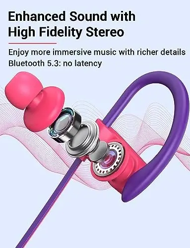Stiive Bluetooth Headphones, 5.3 Wireless Sports Earbuds IPX7 Waterproof with Mic, Stereo Sweatproof in-Ear Earphones, Noise Cancelling Headsets for Gym Running Workout, 16 Hours Playtime - RedPurple - 3