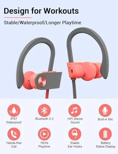 Stiive Bluetooth Headphones, Wireless Sports Earbuds IPX7 Waterproof with Mic, Stereo Sweatproof in-Ear Earphones, Noise Cancelling Headsets for Gym Running Workout, 16 Hours Playtime - PinkGrey - STIIVE (1)
