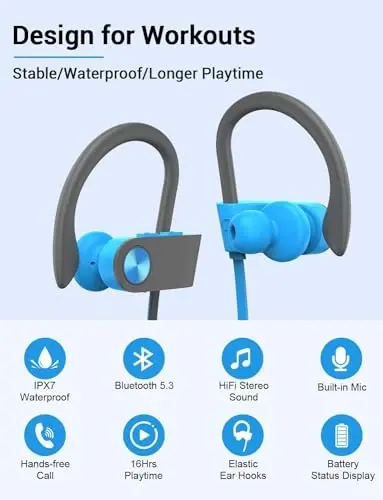 Stiive Bluetooth Headphones, 5.3 Wireless Sports Earbuds IPX7 Waterproof with Mic, Stereo Sweatproof in-Ear Earphones, Noise Cancelling Headsets for Gym Running Workout, 16 Hour Playtime - Bluegrey - STIIVE (1)