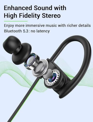 Stiive Bluetooth Headphones, 5.3 Wireless Sports Earbuds IPX7 Waterproof with Mic, Stereo Sweatproof in-Ear Earphones, Noise Cancelling Headsets for Gym Running Workout, 16 Hours Playtime - GreenBlack - 2