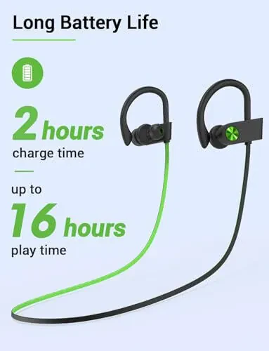 Stiive Bluetooth Headphones, 5.3 Wireless Sports Earbuds IPX7 Waterproof with Mic, Stereo Sweatproof in-Ear Earphones, Noise Cancelling Headsets for Gym Running Workout, 16 Hours Playtime - GreenBlack - 5