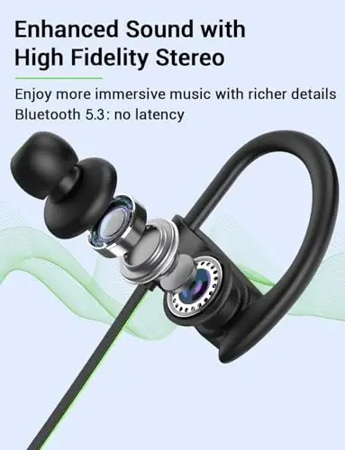 Stiive Bluetooth Headphones, 5.3 Wireless Sports Earbuds IPX7 Waterproof with Mic, Stereo Sweatproof in-Ear Earphones, Noise Cancelling Headsets for Gym Running Workout, 16 Hours Playtime - GreenBlack - STIIVE (1)