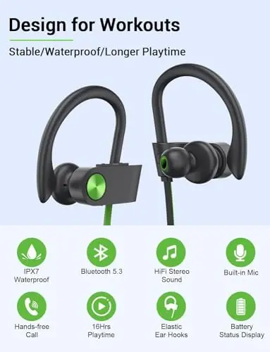 Stiive Bluetooth Headphones, 5.3 Wireless Sports Earbuds IPX7 Waterproof with Mic, Stereo Sweatproof in-Ear Earphones, Noise Cancelling Headsets for Gym Running Workout, 16 Hours Playtime - GreenBlack - 5