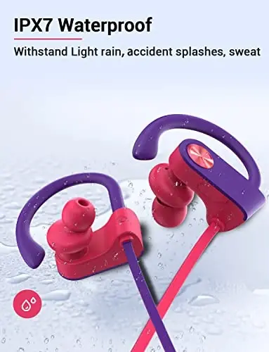 Stiive Bluetooth Headphones, 5.3 Wireless Sports Earbuds IPX7 Waterproof with Mic, Stereo Sweatproof in-Ear Earphones, Noise Cancelling Headsets for Gym Running Workout, 16 Hours Playtime - RedPurple - 5