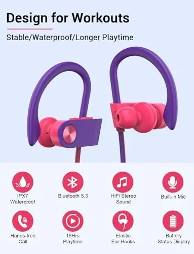 Stiive Bluetooth Headphones, 5.3 Wireless Sports Earbuds IPX7 Waterproof with Mic, Stereo Sweatproof in-Ear Earphones, Noise Cancelling Headsets for Gym Running Workout, 16 Hours Playtime - RedPurple - 2