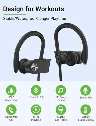 Stiive Bluetooth Headphones, 5.3 Wireless Sports Earbuds IPX7 Waterproof with Mic, Stereo Sweatproof in-Ear Earphones, Noise Cancelling Headsets for Gym Running Workout, 16 Hours Playtime - BlackGrey - STIIVE (1)