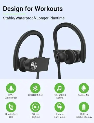 Stiive Bluetooth Quloqchinlar, 5.3 Simsiz Sport Eshitish vositasi IPX7 Suv o'tkazmaydigan Mikrofon bilan, Stereo Terga chidamli Quloq ichidagi Eshitish vositalari, Sport zalida Yugurish Mashqlari uchun shovqinni bekor qiluvchi Garnituralar, 16 soatlik o'yin vaqti - Qora Kulrang - STIIVE (1)