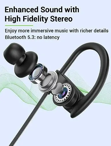 Stiive Bluetooth Quloqchinlar, 5.3 Simsiz Sport Eshitish vositasi IPX7 Suv o'tkazmaydigan Mikrofon bilan, Stereo Terga chidamli Quloq ichidagi Eshitish vositalari, Sport zalida Yugurish Mashqlari uchun shovqinni bekor qiluvchi Garnituralar, 16 soatlik o'yin vaqti - Qora Kulrang - 3