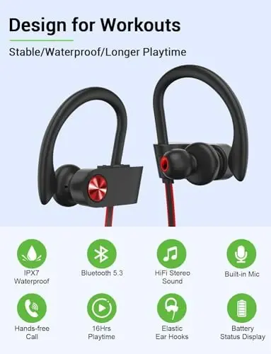 Stiive Bluetooth quloqchinlari, 5.3 simsiz sport naushniklari IPX7 suv o'tkazmaydigan mikrafonli, stereo shovqinga chidamli quloq ichidagi naushniklar, sport zalida yugurish uchun, 16 soatlik o'yin vaqti - QoraQizil - 2