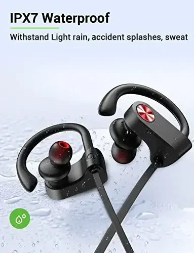 Stiive Bluetooth quloqchinlari, 5.3 simsiz sport naushniklari IPX7 suv o'tkazmaydigan mikrafonli, stereo shovqinga chidamli quloq ichidagi naushniklar, sport zalida yugurish uchun, 16 soatlik o'yin vaqti - QoraQizil - 5