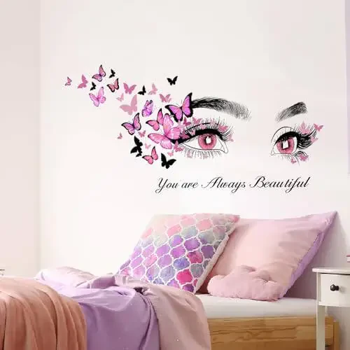 Стикеры для стен с красивыми ресницами, летящие бабочки, наклейки для стен, цитаты «Ты всегда прекрасна», декор для стен, виниловые наклейки для стен, декор для стен с бабочками, наклейки для стен для женщин, девочек, спальни, гостиной - 3