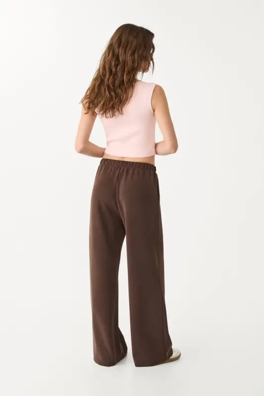 Stitch detailed and soft textured wide leg pants-Brown - 4