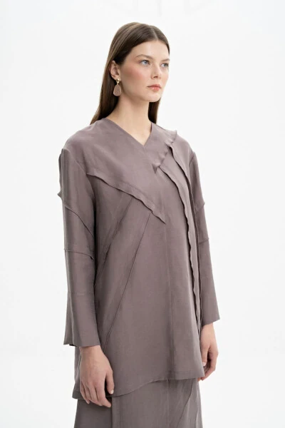 Stitch Detailed V-Neck Tunic-Mink - AKER