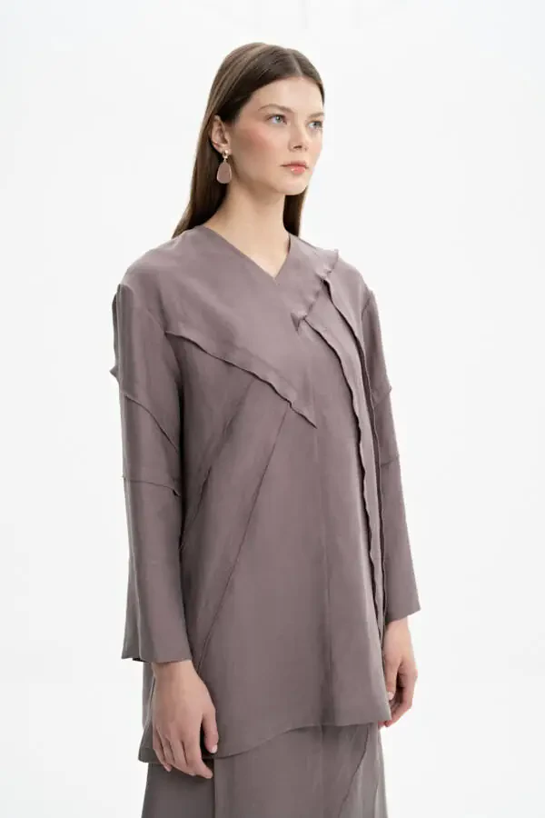 Stitch Detailed V-Neck Tunic-Mink - 1