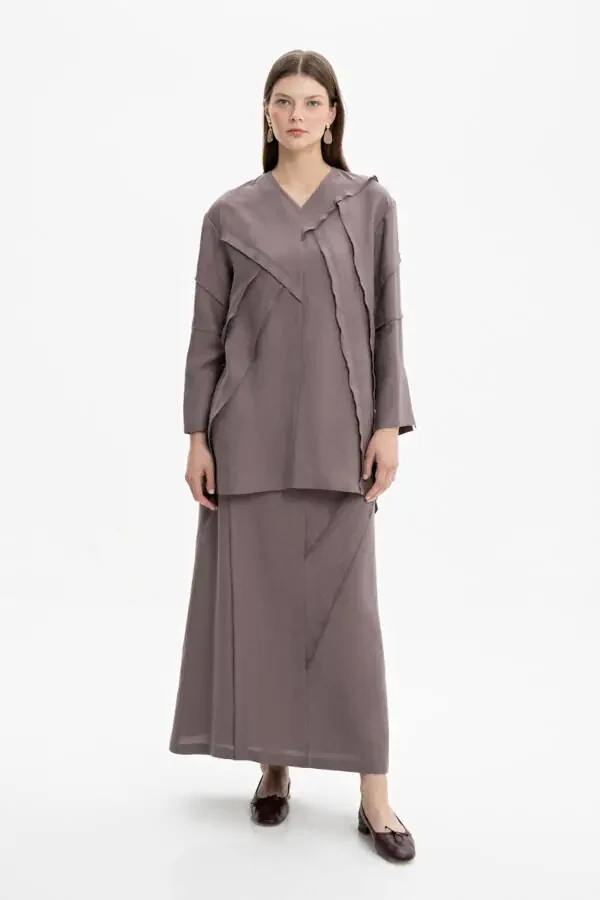 Stitch Detailed V-Neck Tunic-Mink - 2