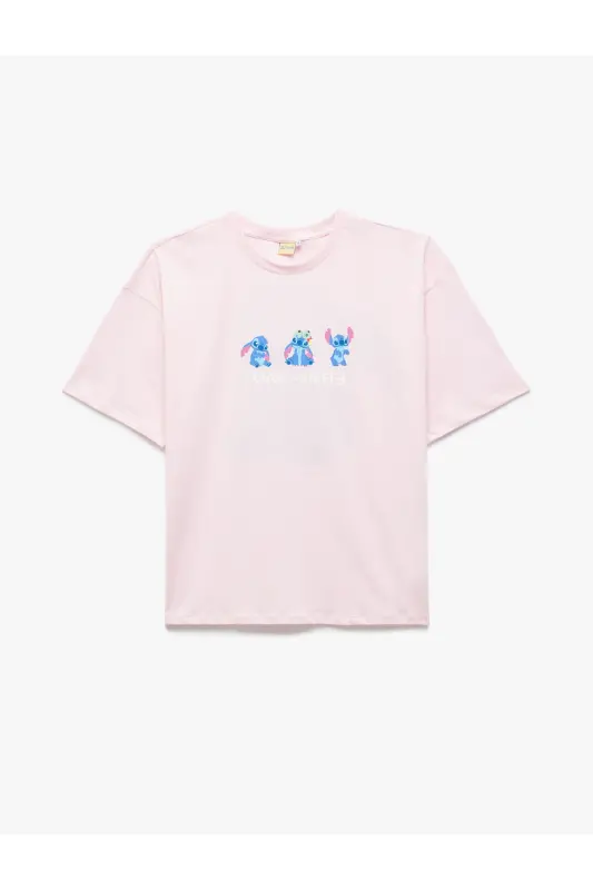 Stitch Lisanslı Baskılı Kısa Kollu Bisiklet Yaka Oversize Tişört - 1