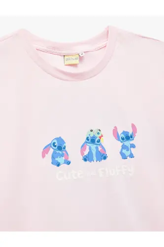 Stitch Lisanslı Baskılı Kısa Kollu Bisiklet Yaka Oversize Tişört - 3