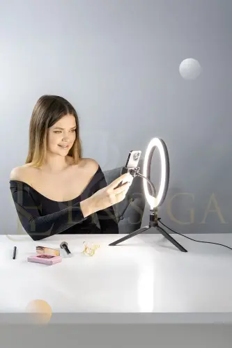 Stol ustida turuvchi 10 dyuymli LED halqa chiroq influencer Youtuber Tiktok telefon tutqichi bo'yanish chiroqi - 3
