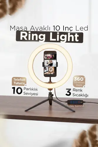 Stol ustida turuvchi 10 dyuymli LED halqa chiroq influencer Youtuber Tiktok telefon tutqichi bo'yanish chiroqi 