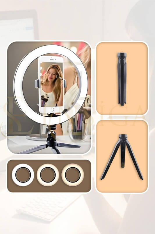 Stol ustida turuvchi 10 dyuymli LED halqa chiroq influencer Youtuber Tiktok telefon tutqichi bo'yanish chiroqi - 7