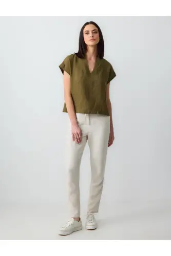 Stone %100 Linen High Waist Regular Leg Trousers-Stone 