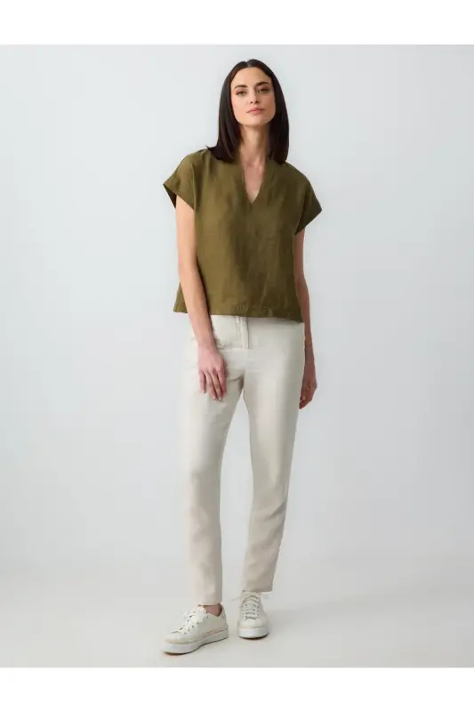 Stone %100 Linen High Waist Regular Leg Trousers-Stone - 1
