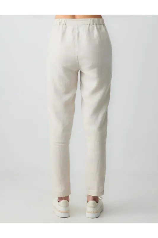 Stone %100 Linen High Waist Regular Leg Trousers-Stone - 6