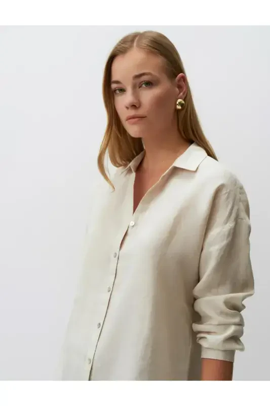 Stone 100% Linen Long Sleeve Basic Shirt-Stone - 1