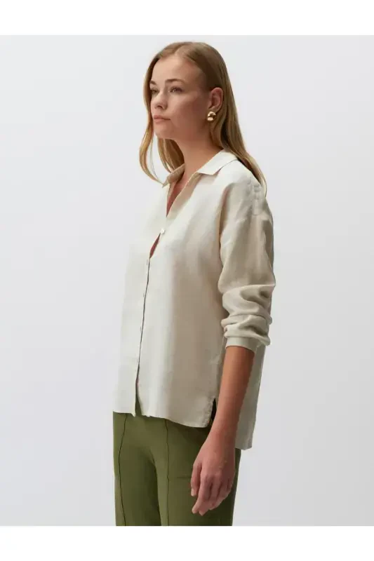 Stone 100% Linen Long Sleeve Basic Shirt-Stone - 5