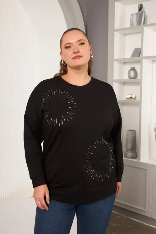 Stone And Embroidered Plus Size Sweatshirt Black - 1