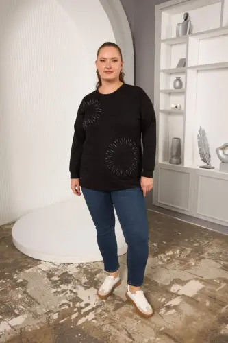 Stone And Embroidered Plus Size Sweatshirt Black - 5
