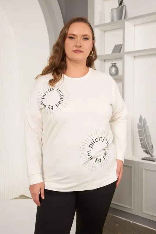 Stone and Embroidered Plus Size Sweatshirt White - 1