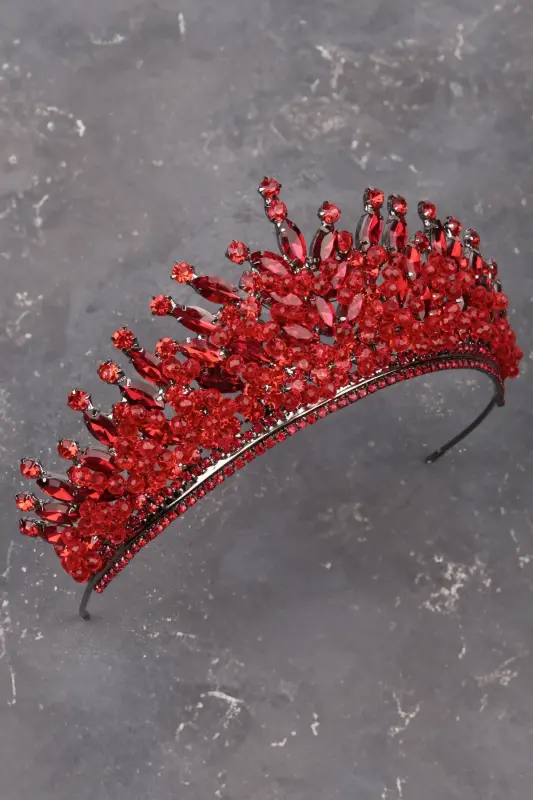 Stone Bead Embellished Crystal Stone Bridal Henna Wedding Crown Red-Red - 2