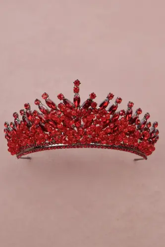 Stone Bead Embellished Crystal Stone Bridal Henna Wedding Crown Red-Red - 3