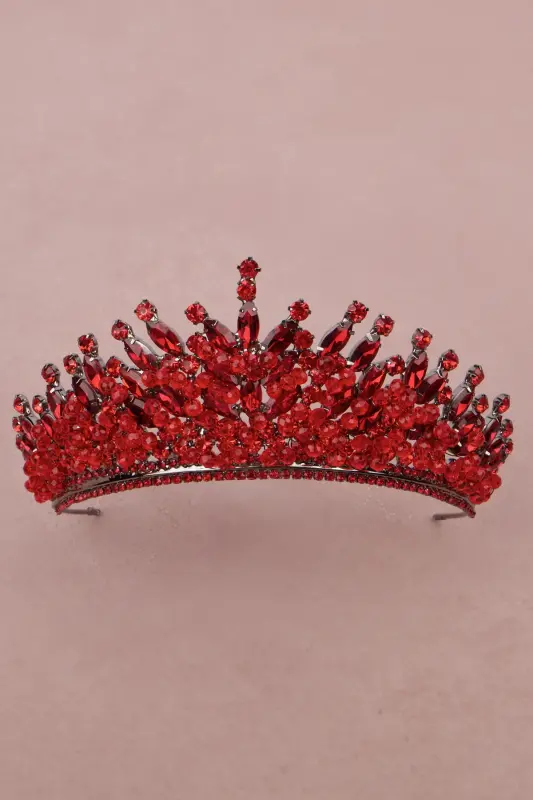 Stone Bead Embellished Crystal Stone Bridal Henna Wedding Crown Red-Red - 3