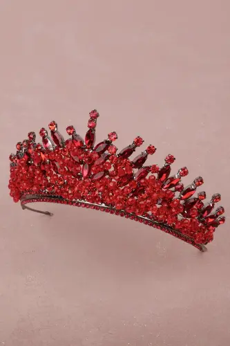 Stone Bead Embellished Crystal Stone Bridal Henna Wedding Crown Red-Red - 4