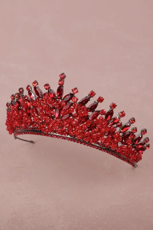 Stone Bead Embellished Crystal Stone Bridal Henna Wedding Crown Red-Red - 4