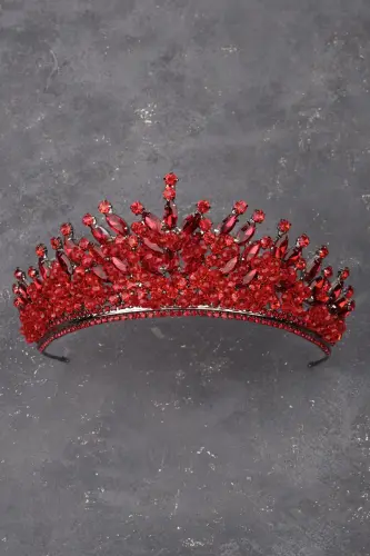 Stone Bead Embellished Crystal Stone Bridal Henna Wedding Crown Red-Red - 1