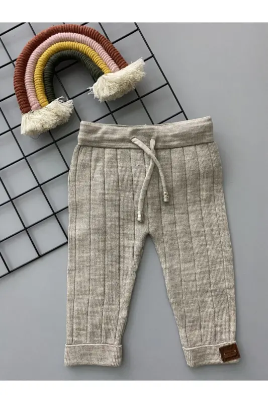 Stone Color Laced Unisex Baby Knitted Tight Pants-Stone - 1
