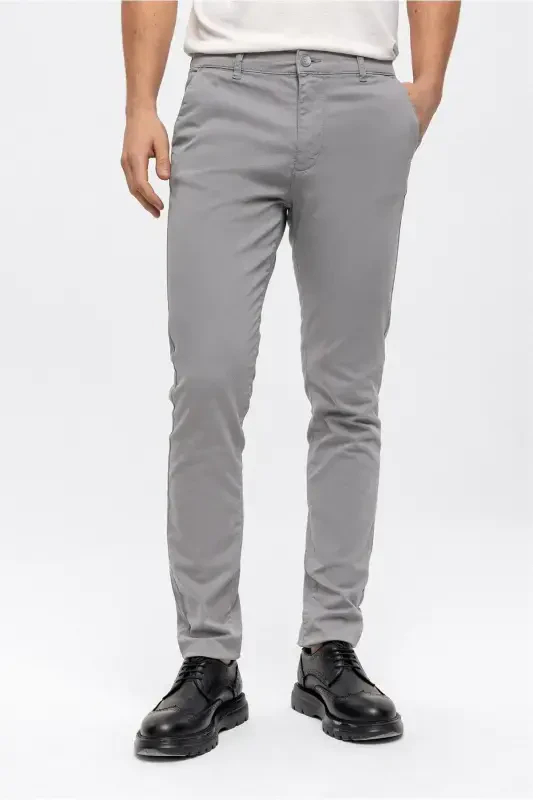 Stone Color Slim Fit Cotton Chino Pants - 2