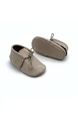 Stone Color Suede Leather Moccasin Baby Shoes Baby Booties-STONE COLOR - MİNİBİRİ (1)