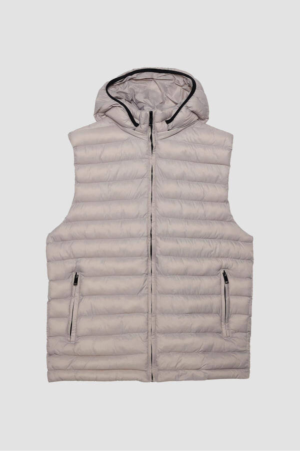 Stone-colored, detachable hooded, slim fit, lined, windproof, pocket puffer vest. - 2