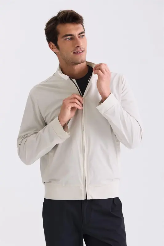 Stone Comfort Fit Stand-Up Collar Front Zippered Seasonal Jacket - 1