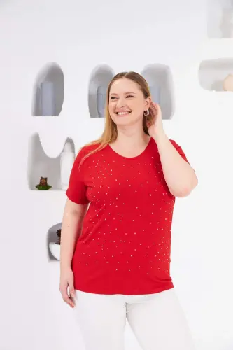 Stone Detailed Bicycle Collar Plus Size T-Shirt Red - 1