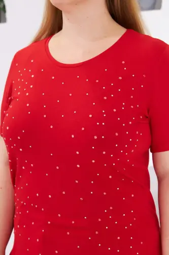 Stone Detailed Bicycle Collar Plus Size T-Shirt Red - BÜYÜKBEDENIZ (1)