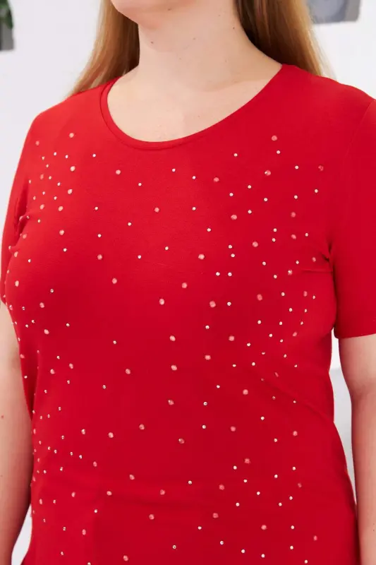 Stone Detailed Bicycle Collar Plus Size T-Shirt Red - 2